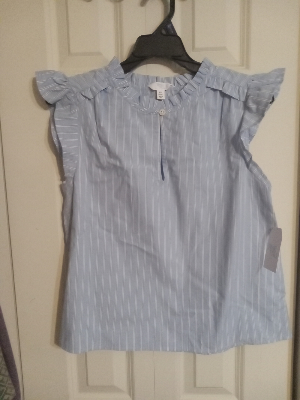 Time and Tru Light Blue Pinstripe Ruffle Sleeve Top